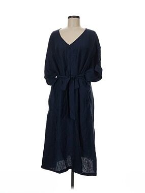 FRNCH Navy Textured V-Neck Midi Dress with Tie Waist
